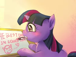 Size: 800x600 | Tagged: artist:bakki, blushing, crayon, cute, derpibooru import, drawing, father's day, female, filly, heart, heartwarming, mouth hold, safe, smiling, solo, twiabetes, twilight sparkle