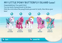 Size: 686x479 | Tagged: butterfly island, butterfly island adventure game, cherry blossom (g3), derpibooru import, g3, lei, party, safe, skywishes, star catcher, sunny daze (g3), thistle whistle