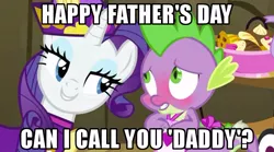 Size: 631x351 | Tagged: safe, derpibooru import, edit, edited screencap, screencap, rarity, spike, dragon, pony, unicorn, dragon quest, apron, bedroom eyes, blushing, caption, clothes, father's day, female, hub logo, image macro, male, mare, meme, naked apron, rarity's bad pickup lines, shipping, sparity, straight, text