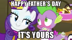 Size: 631x351 | Tagged: safe, derpibooru import, edit, edited screencap, screencap, rarity, spike, dragon, pony, unicorn, dragon quest, apron, bedroom eyes, blushing, caption, clothes, father's day, female, hub logo, image macro, implied pregnancy, male, mare, meme, naked apron, rarity's bad pickup lines, shipping, sparity, straight, text
