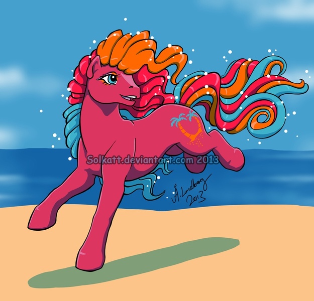 Size: 827x794 | Tagged: artist:solkatt, beach, derpibooru import, g1, galloping, hula hula (g1 uk), piña colada (g1), safe, solo, tropical ponies