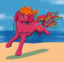 Size: 827x794 | Tagged: artist:solkatt, beach, derpibooru import, g1, galloping, hula hula (g1 uk), piña colada (g1), safe, solo, tropical ponies