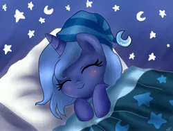 Size: 4544x3444 | Tagged: absurd resolution, artist:pridark, cute, derpibooru import, female, filly, hat, hnnng, lunabetes, nightcap, pridark is trying to murder us, princess luna, safe, sleeping, smiling, solo, weapons-grade cute, woona, younger