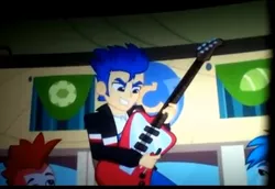 Size: 395x272 | Tagged: safe, derpibooru import, screencap, crimson napalm, flash sentry, thunderbass, equestria girls, equestria girls (movie), background human, electric guitar, guitar, helping twilight win the crown, musical instrument, solo focus