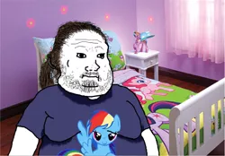 Size: 792x550 | Tagged: bed, bedroom, brony, brony stereotype, clothes, derpibooru import, fat, feels, feels guy, meme, neckbeard, pinkie pie, rainbow dash, safe, shirt, stereotype, that's our sid, troll, t-shirt, twilight sparkle, why sid why, wojak