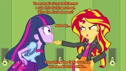 Size: 1366x768 | Tagged: safe, derpibooru import, screencap, sunset shimmer, twilight sparkle, equestria girls, equestria girls (movie), caption, image macro, junji ito, slum queen gorgo, text, uzumaki, vulgar