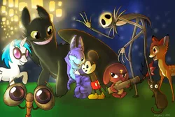 Size: 900x605 | Tagged: artist:loryska, bambi, crossover, derpibooru import, giroro, how to train your dragon, jack skellington, jiji, kiki's delivery service, mickey mouse, oc, safe, sergeant frog, the nightmare before christmas, toothless the dragon, vinyl scratch, wall-e