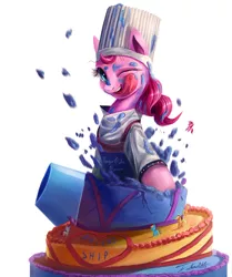 Size: 1200x1435 | Tagged: safe, artist:tsitra360, derpibooru import, pinkie pie, cake, chef's hat, doll, food, hat, messy, party cannon, pop out cake, solo, tongue out, toy