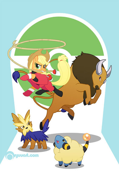 Size: 522x800 | Tagged: applejack, artist:alienfirst, crossover, derpibooru import, herdier, lasso, mareep, pokémon, rope, safe, tauros