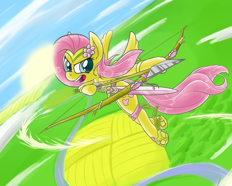 Size: 1500x1200 | Tagged: action pose, archery, arrow, artist:animeculture, badass, bow and arrow, bow (weapon), derpibooru import, flower, flower in hair, flutterbadass, fluttershy, flying, safe, solo, sword, vertigo, weapon