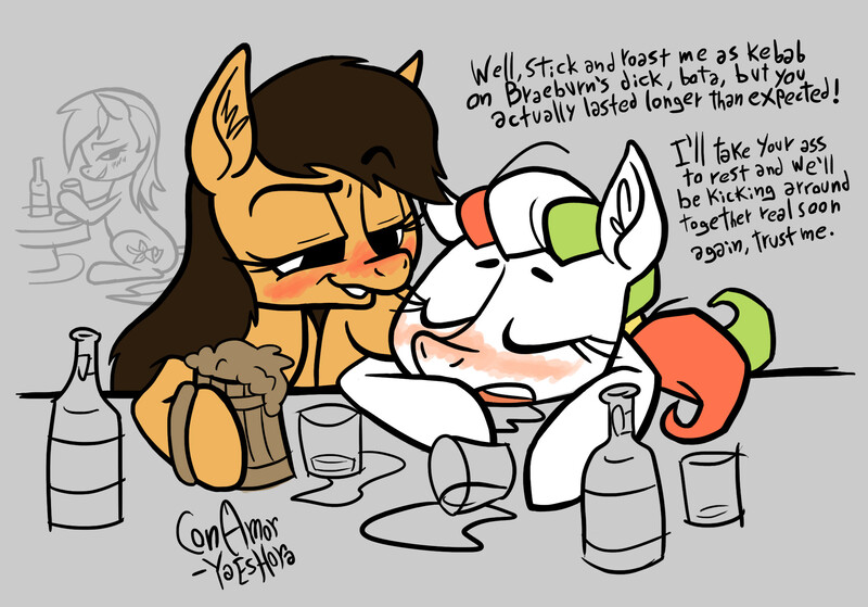 Size: 2130x1489 | Tagged: artist needed, source needed, suggestive, derpibooru import, roseluck, oc, oc:maría teresa de los ponyos paguetti, oc:princess stivalia, ponified, pony, /mlp/, /yeh/, bar, dialogue, drunk, female, grayscale, italia, italy, lesbian, monochrome, nation ponies, partial color, shipping, venerday, vulgar, ya es hora