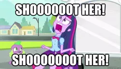 Size: 621x352 | Tagged: safe, derpibooru import, edit, edited screencap, screencap, spike, twilight sparkle, dog, equestria girls, equestria girls (movie), caption, duo, exploitable meme, image macro, jurassic park, meme, spike the dog, text, twiscream