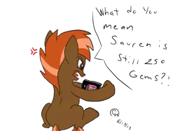 Size: 1600x1200 | Tagged: safe, artist:mariokid97, derpibooru import, button mash, soarin', earth pony, pony, angry, back, button, colt, crack is cheaper, game, gameloft, hooves, ipod, male, misspelling, open mouth, simple background, sitting, solo, speech bubble, transparent background, video game