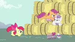 Size: 1920x1080 | Tagged: apple bloom, cutie mark crusaders, derpibooru import, edit, hearts and hooves day, hearts and hooves day (episode), hub logo, out of context, scootaloo, screencap, suggestive, sweetie belle