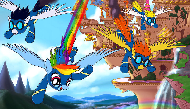 Size: 1181x677 | Tagged: artist:alexmakovsky, blaze, canterlot, derpibooru import, flying, goggles, rainbow, rainbow dash, safe, soarin', surprise, waterfall, wonderbolts