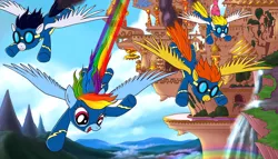 Size: 1181x677 | Tagged: artist:alexmakovsky, blaze, canterlot, derpibooru import, flying, goggles, rainbow, rainbow dash, safe, soarin', surprise, waterfall, wonderbolts