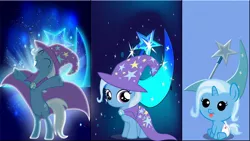 Size: 1920x1080 | Tagged: safe, artist:mr-kennedy92, derpibooru import, trixie, pony, baby, baby pony, cape, clothes, collage, cutie mark, diaper, female, filly, foal, hat, stars, trixie's cape, trixie's hat, vector, wallpaper