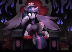 Size: 3402x2464 | Tagged: safe, artist:isseus, derpibooru import, twilight sparkle, twilight sparkle (alicorn), alicorn, pony, book, evil, female, mare, scroll, solo, throne, throne slouch, tyrant sparkle