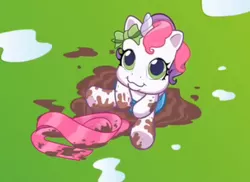 Size: 477x348 | Tagged: safe, derpibooru import, sweetie belle (g3), pony, unicorn, over two rainbows, :3, clothes, cute, g3.5, g3.75, looking up, mud, muddy, newborn cuties, once upon a my little pony time, out of context, scarf, smiling, solo