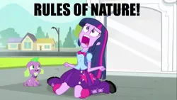 Size: 1366x768 | Tagged: safe, derpibooru import, edit, edited screencap, screencap, spike, twilight sparkle, dog, equestria girls, equestria girls (movie), caption, duo, exploitable meme, image macro, meme, metal gear, rules of nature, song, spike the dog, text, twiscream