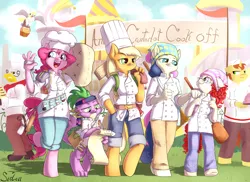 Size: 1000x728 | Tagged: safe, artist:siden, derpibooru import, applejack, bon bon, derpy hooves, donut joe, gustave le grande, pinkie pie, spike, sweetie drops, twist, anthro, earth pony, gryphon, unguligrade anthro, unicorn, chef's hat, clothes, cooking, fanfic material, female, hat, image, png, power walk