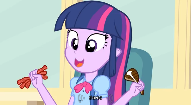 Size: 638x350 | Tagged: safe, derpibooru import, edit, edited screencap, screencap, twilight sparkle, equestria girls, equestria girls (movie), bacon, caption, food, meat, meme, omnivore twilight, slave, solo, steak, youtube caption