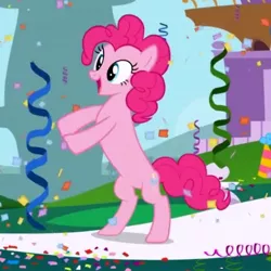 Size: 538x539 | Tagged: safe, derpibooru import, screencap, pinkie pie, earth pony, pony, the ticket master, bipedal, female, great moments in animation, long pony, mare, open mouth, pinkie's gala fantasy song, smear frame, smiling, solo, wat