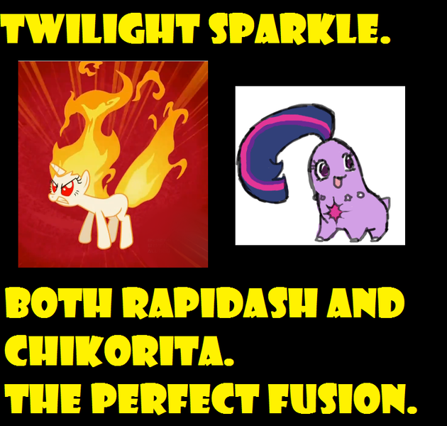 Size: 737x702 | Tagged: chikorita, derpibooru import, pokémon, rapidash, rapidash twilight, safe, twilight sparkle, yellow words