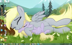 Size: 1680x1050 | Tagged: safe, derpibooru import, derpy hooves, dinky hooves, pegasus, pony, cuddling, cute, derpabetes, desktop, diablo, equestria's best mother, eyes closed, female, grass, hug, mare, microsoft, side, smiling, snuggling, windows, windows 7