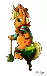 Size: 701x1128 | Tagged: safe, artist:1ltdaniels, derpibooru import, applejack, ponified, pony, apple, armor, bastion (game), crossover, food, hat, rope, simple background, sitting, solo, the kid, video game