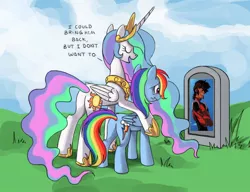 Size: 910x700 | Tagged: safe, derpibooru import, princess celestia, rainbow dash, alicorn, pegasus, pony, butt, celestia's grave meme, exploitable meme, female, gai daigoji, implied death, mare, martian successor nadesico, meme, mobile battleship nadesico, plot