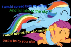 Size: 1024x673 | Tagged: derpibooru import, flying, hey ocean, hey ocean!, lyrics, rainbow dash, safe, scootaloo, scootalove, text