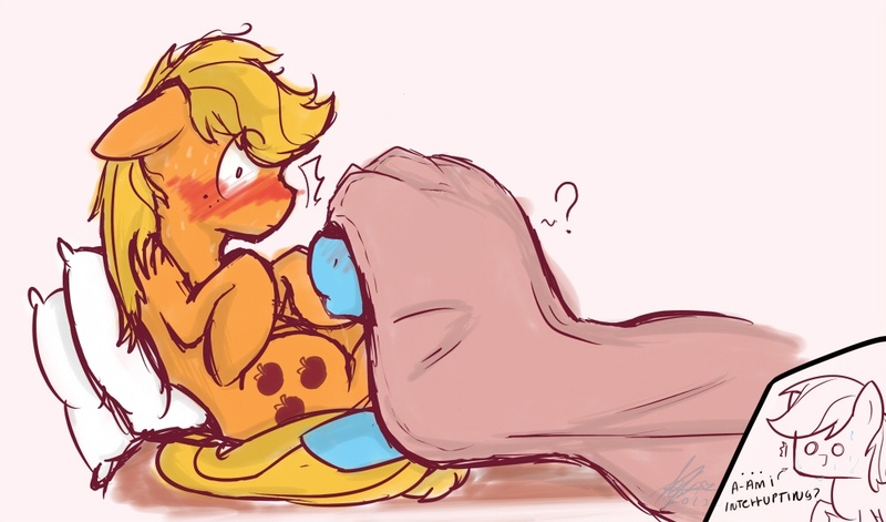 Size: 1000x589 | Tagged: suggestive, artist:nolycs, derpibooru import, applejack, rainbow dash, scootaloo, appleblitz (straight), appledash, bed, blanket, blushing, blushing profusely, caught, female, floppy ears, half r63 shipping, implied cunnilingus, implied oral, implied sex, lesbian, male, on back, question mark, rainbow blitz, rule 63, shipping, straight, under the covers, wide eyes