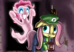 Size: 2121x1500 | Tagged: artist:rautakoura, clothes, cosplay, costume, crossover, derpibooru import, fluttershy, ghost, ghost pony, kallisti, lantern, luigi, luigi's mansion, nintendo, parody, pinkie pie, safe, scared, super mario bros., undead