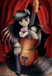 Size: 3526x5199 | Tagged: safe, artist:pridark, derpibooru import, octavia melody, earth pony, pony, absurd resolution, bipedal, blushing, bow (instrument), bowtie, cello, clothes, flower petals, long mane, long tail, looking at you, musical instrument, smiling, solo, stockings, thigh highs
