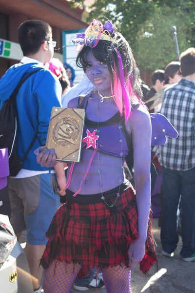 Size: 642x963 | Tagged: alicorn, anime north, artist needed, bodypaint, book, clothes, convention, cosplay, costume, derpibooru import, human, irl, irl human, photo, safe, twilight sparkle, twilight sparkle (alicorn)