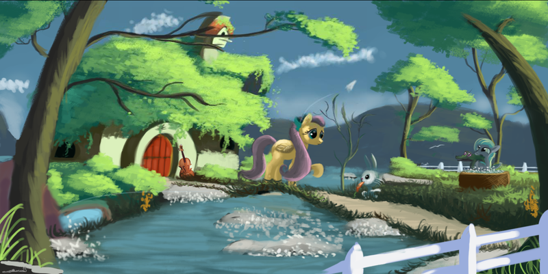 Size: 1344x673 | Tagged: angel bunny, artist:auroriia, bath, cello, derpibooru import, fence, flitter, fluttershy, fluttershy's cottage, gummy, musical instrument, river, safe, scenery, tree, tree stump