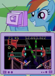 Size: 562x768 | Tagged: safe, derpibooru import, rainbow dash, crossover, exploitable meme, image, meme, obligatory pony, pinball, png, sonic spinball, sonic the hedgehog, sonic the hedgehog (series), tv meme, video game