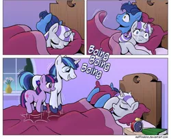 Size: 1200x972 | Tagged: artist:muffinshire, bed, bouncing, comic:twilight's first day, cropped, cute, derpibooru import, facehoof, female, filly, morning, night light, pronking, safe, shining adorable, shining armor, twiabetes, twilight sparkle, twilight velvet, younger