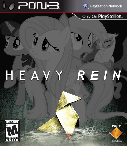 Size: 800x921 | Tagged: semi-grimdark, artist:nickyv917, derpibooru import, derpy hooves, fluttershy, gilda, twilight sparkle, gryphon, pegasus, pony, female, game cover, heavy rain, mare, parody, playstation 3, pony (sony), sony