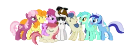 Size: 3360x1345 | Tagged: safe, artist:mibevan, derpibooru import, berry punch, berryshine, bon bon, carrot top, cheerilee, golden harvest, lyra heartstrings, minuette, roseluck, sweetie drops, oc, canon x oc, ev b, hat