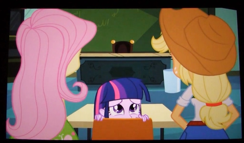 Size: 1016x594 | Tagged: safe, derpibooru import, screencap, applejack, fluttershy, twilight sparkle, equestria girls, equestria girls (movie), chair, classroom, hiding, table