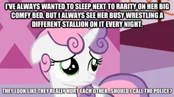 Size: 623x349 | Tagged: caption, derpibooru import, edit, edited screencap, image macro, implied sex, naive sweetie belle, naivete of youth, naïveté of youth, rarity, sad, screencap, solo, suggestive, sweetie belle, text