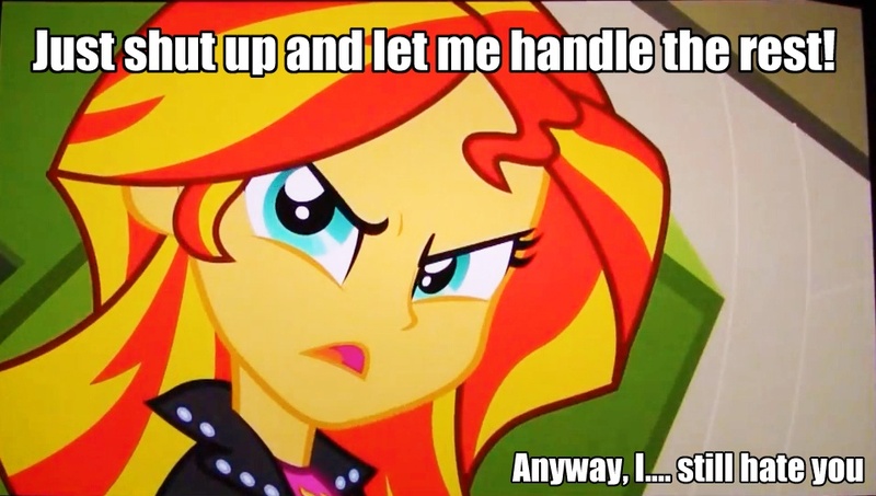 Size: 959x543 | Tagged: safe, derpibooru import, screencap, sunset shimmer, equestria girls, equestria girls (movie), bronybait, caption, image macro, solo, text, tsundere, tsunset shimmer