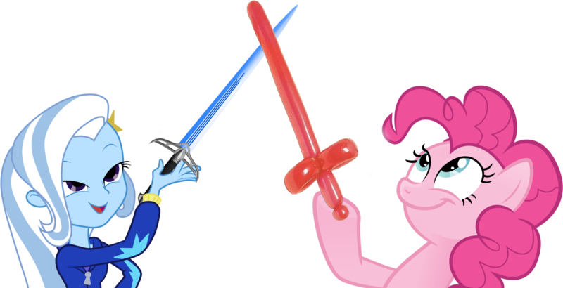 Size: 2024x1037 | Tagged: safe, derpibooru import, pinkie pie, trixie, equestria girls, balloon, duel, exploitable meme, fight, look what pinkie found, look what trixie found, meme, sword, weapon