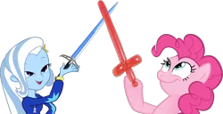 Size: 2024x1037 | Tagged: safe, derpibooru import, pinkie pie, trixie, equestria girls, balloon, duel, exploitable meme, fight, look what pinkie found, look what trixie found, meme, sword, weapon