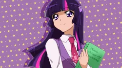 Size: 1024x579 | Tagged: anime, artist:c-minded, book, bust, clothes, cute, cutie mark, cutie mark on clothes, derpibooru import, eared humanization, human, humanized, necktie, pixiv, safe, solo, stars, twiabetes, twilight sparkle