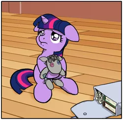 Size: 1662x1620 | Tagged: artist:muffinshire, bag, book, comic:twilight's first day, cropped, cute, derpibooru import, female, filly, floppy ears, frown, hnnng, muffinshire is trying to murder us, puppy dog eyes, sad, saddle bag, safe, sitting, smarty pants, solo, twiabetes, twilight sparkle