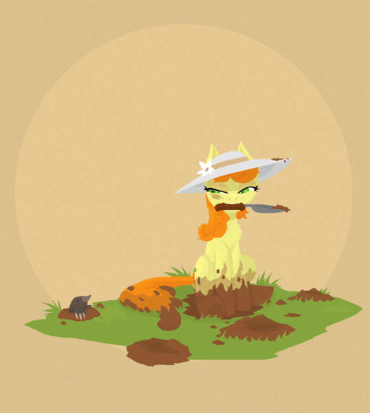 Size: 1141x1273 | Tagged: safe, artist:phidippusofmystery, derpibooru import, carrot top, golden harvest, earth pony, mole (animal), pony, animal, annoyed, chest fluff, cute, cutie top, dirt, dirty, female, fluffy, frown, gardening, glare, grass, hat, lidded eyes, mare, messy mane, mouth hold, sitting, solo, unamused, underhoof