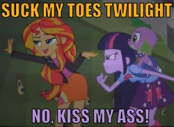 Size: 781x571 | Tagged: suggestive, derpibooru import, edit, edited screencap, screencap, spike, sunset shimmer, twilight sparkle, dog, equestria girls, equestria girls (movie), caption, female, image macro, kiss my ass, meme, spike the dog, text, vulgar